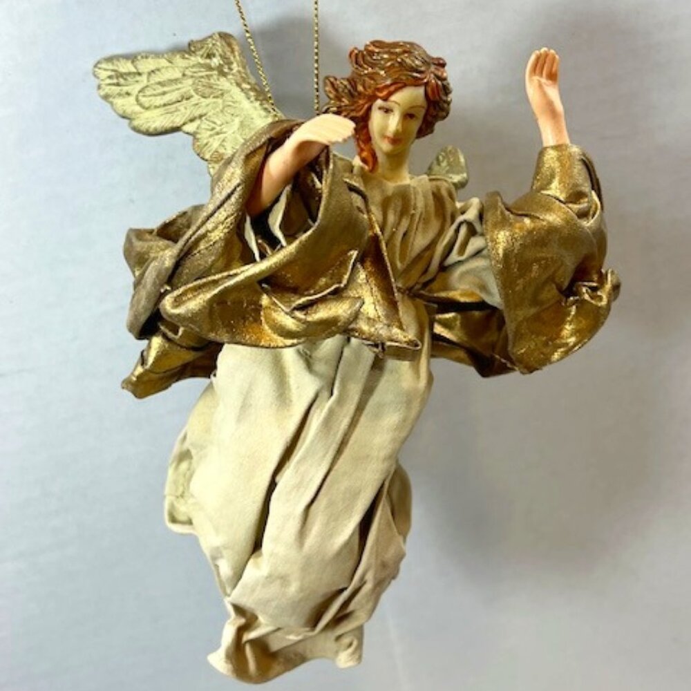 VTG Red Haired Guardian Angel Beige Gown Hanging Holiday Christmas Ornament 6"